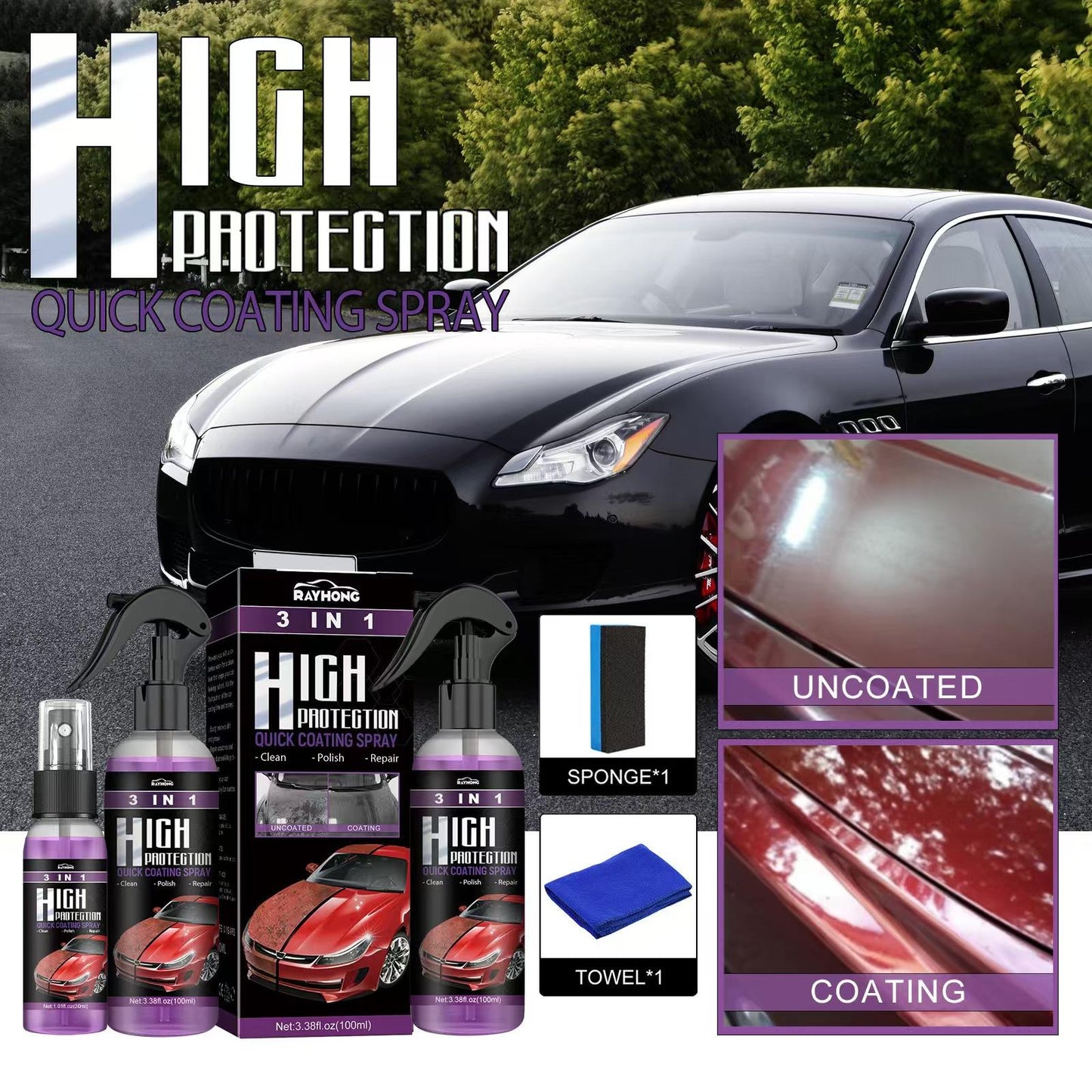 Premium Quality 3 In 1 High Protection Quick Car Coating Spray 🔥